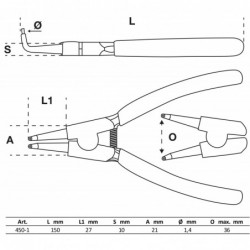 Pince pour circlips | coudée | pour circlips extérieurs | 150 mm