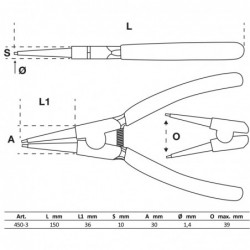 Pince pour circlips | droite | pour circlips extérieurs | 150 mm