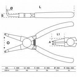 Pince pour circlips | coudée | pour circlips intérieurs | 225 mm